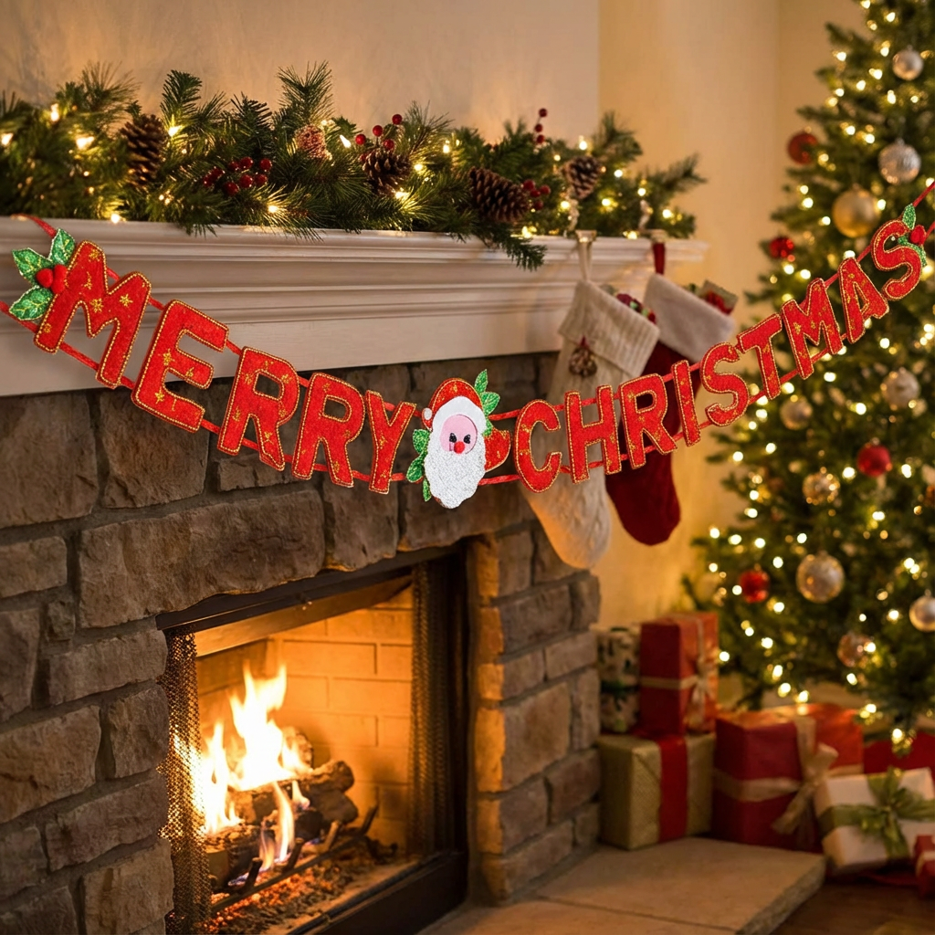 Red & Gold “Merry Christmas” Hanging Banner – 6 ft