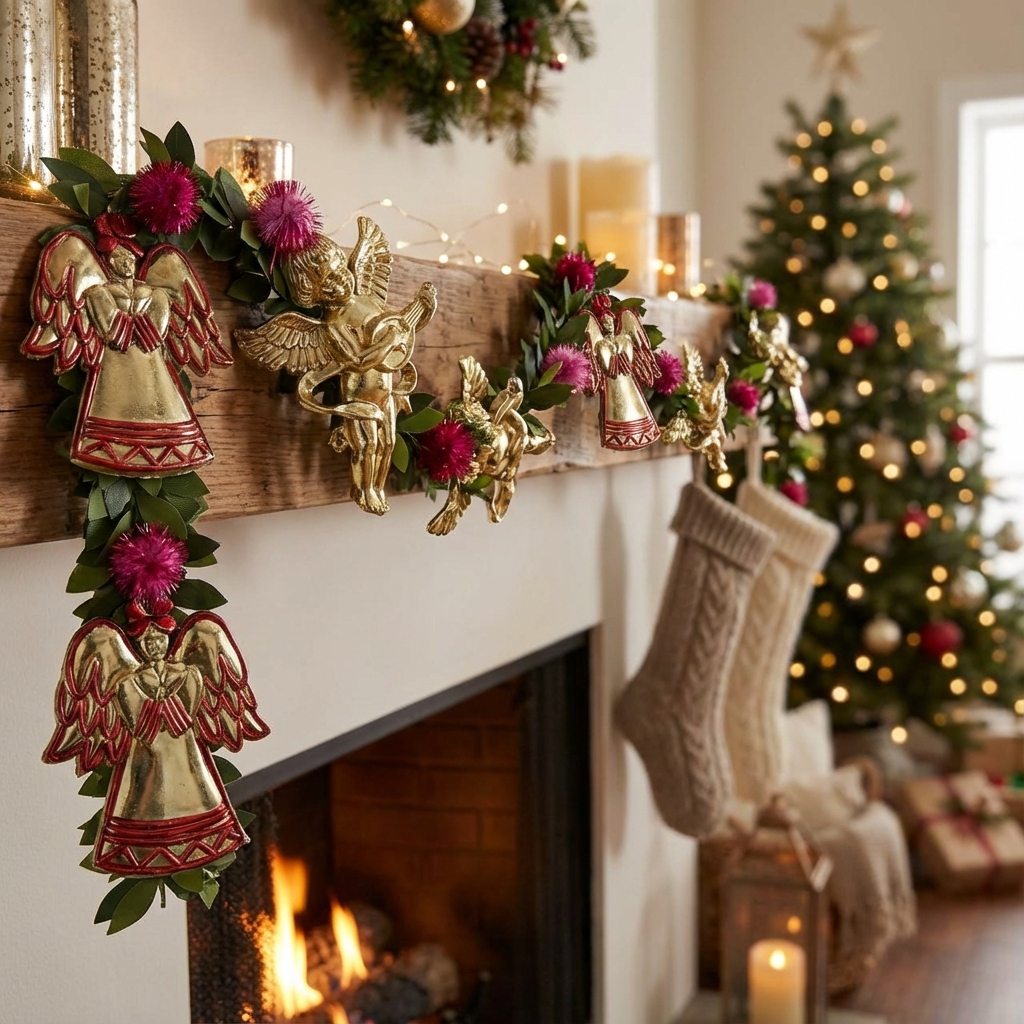 Christmas Decorative Garland with Angels & Floral Accents