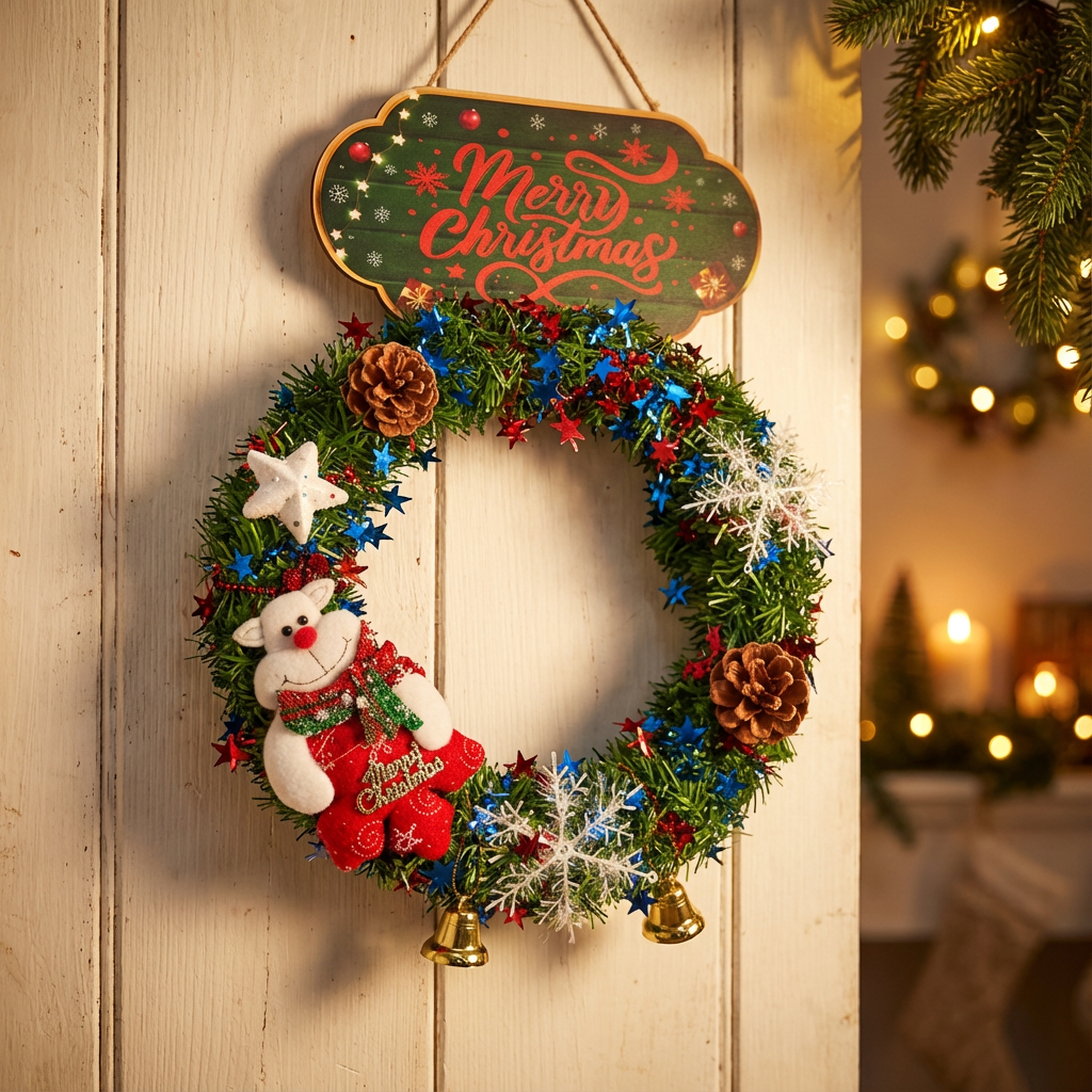 Christmas Wreath with Snowman &amp; Ornaments