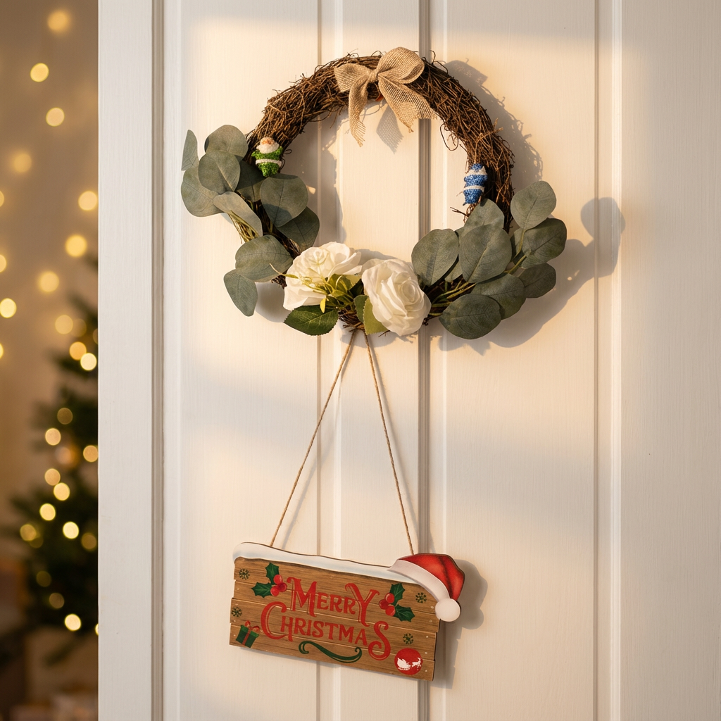 Handmade Christmas Wreath with Hanging Sign