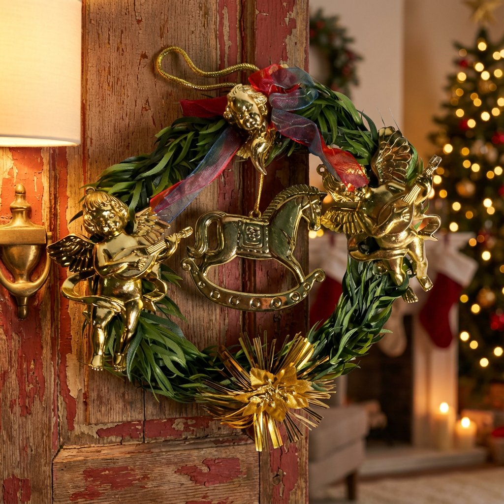 Christmas Wreath with Angels & House Ornament