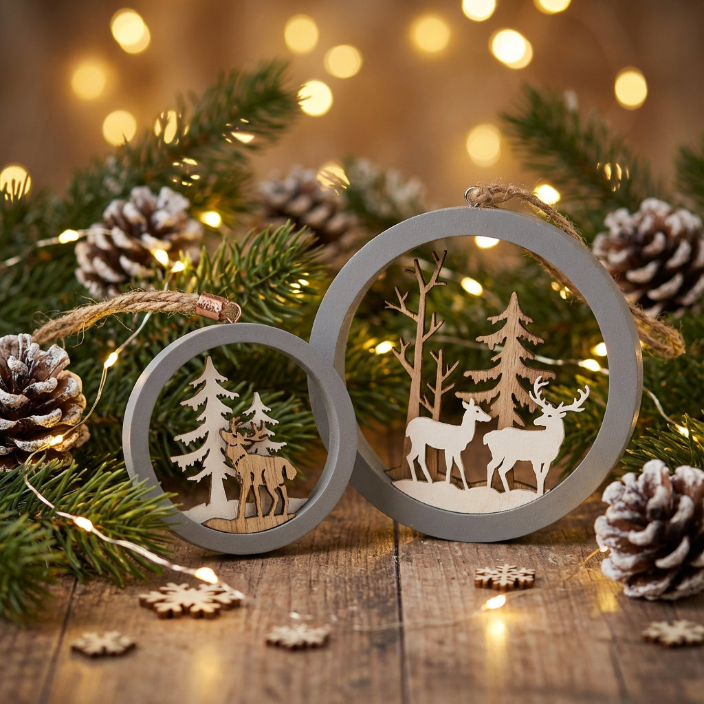 Wooden Layered Deer & Forest Ornaments